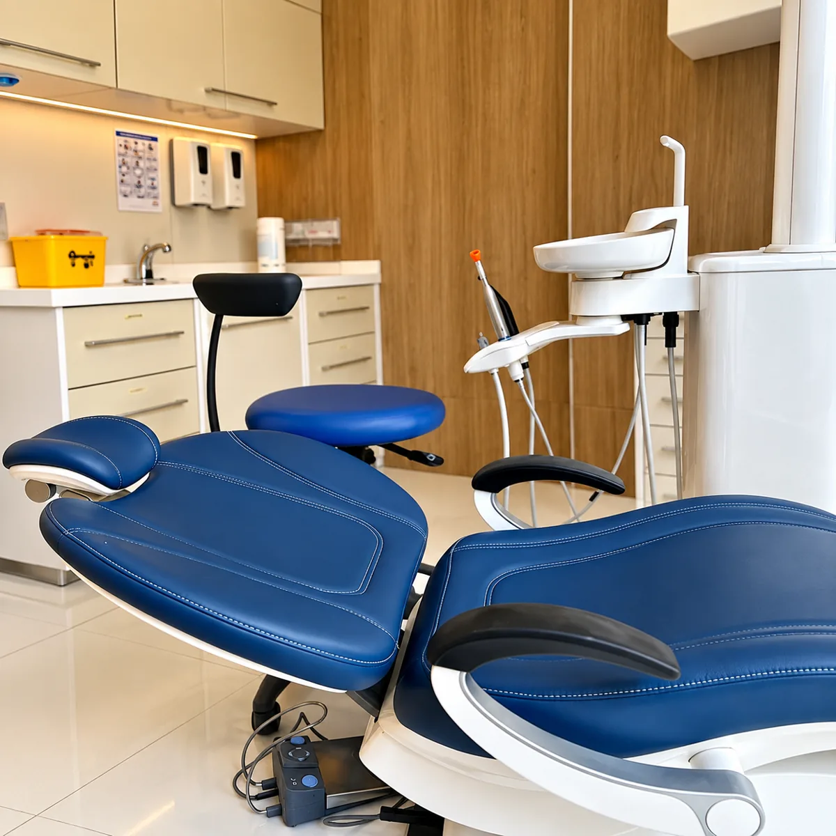 Dental treatment room with a dental chair and microscope